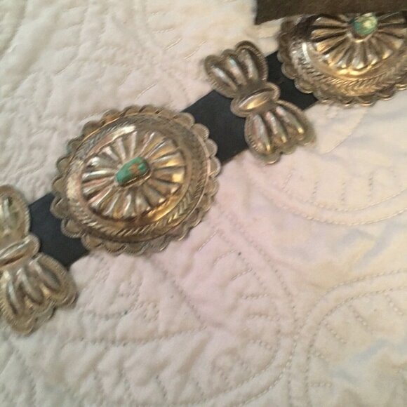 Vintage 1960s Navajo Sterling Stamped Domed Handmade 11 Pc Concho Belt Turquoise - Picture 9 of 12